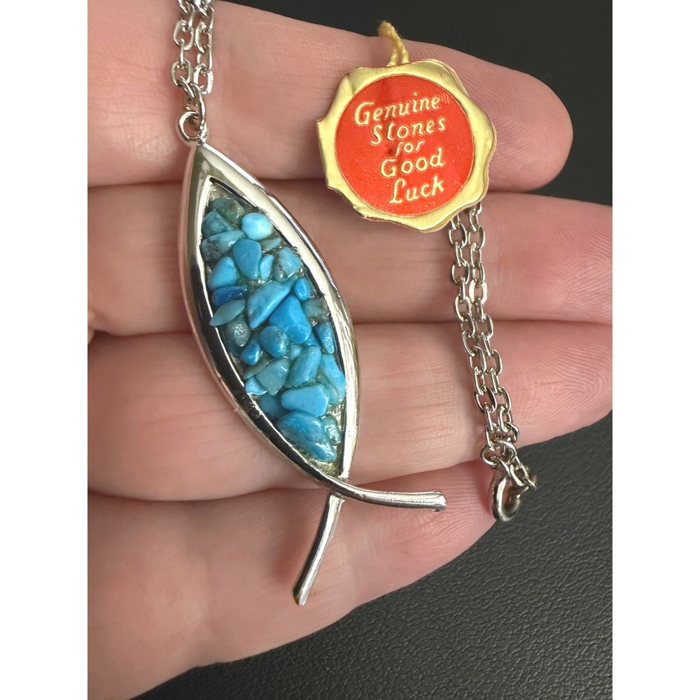 Vintage Fish Necklace Stone Silver Tone Stone